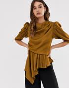 Asos White Ruched Sleeve High Neck Top - Brown