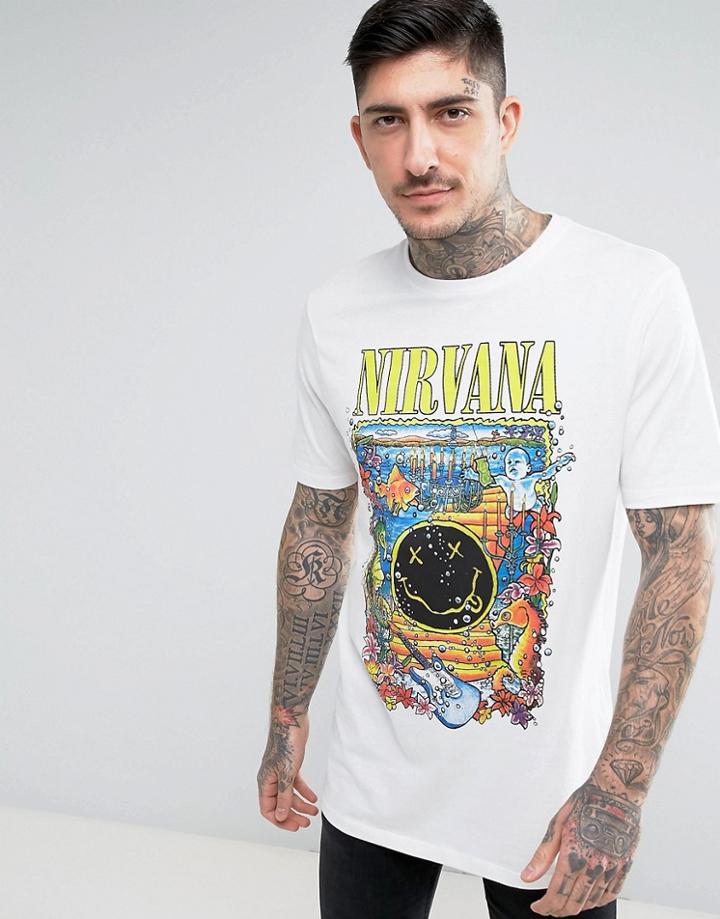 Asos Nirvana Longline Band T-shirt With Floral Text Print - White
