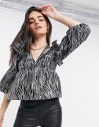 Asos Design Metallic Jacquard Top With Volume Sleeves In Silver-pink