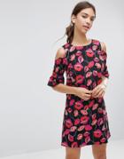 Daisy Street Cold Shoulder Dress In Poppy Print With Frill Sleeves