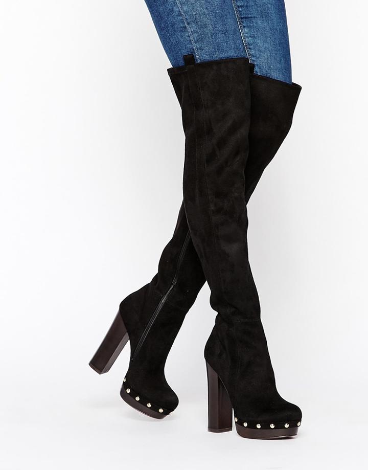 Miss Kg Vixen Clog Platform Black Over The Knee Boots - Black