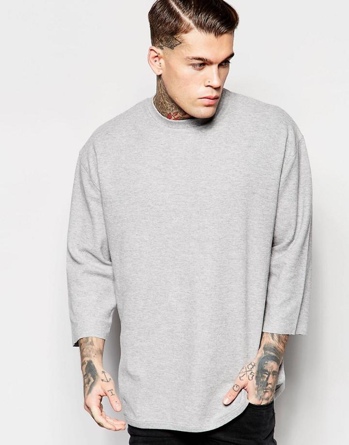 Asos Oversized Longline Waffle 3/4 Sleeve T-shirt In Oversized - Gray