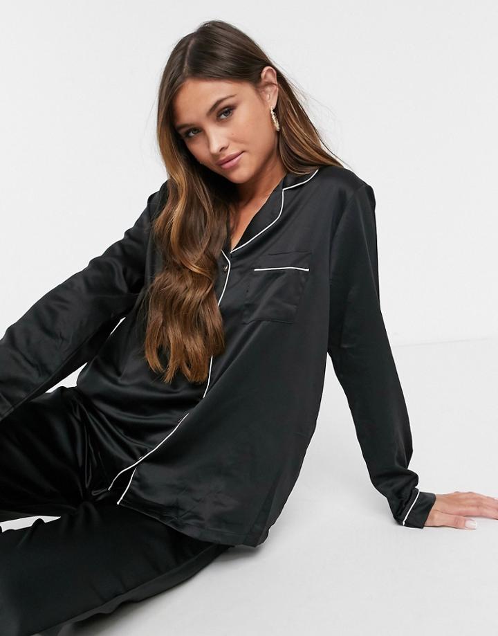 Loungeable Mix And Match Satin Black Pyjama Shirt