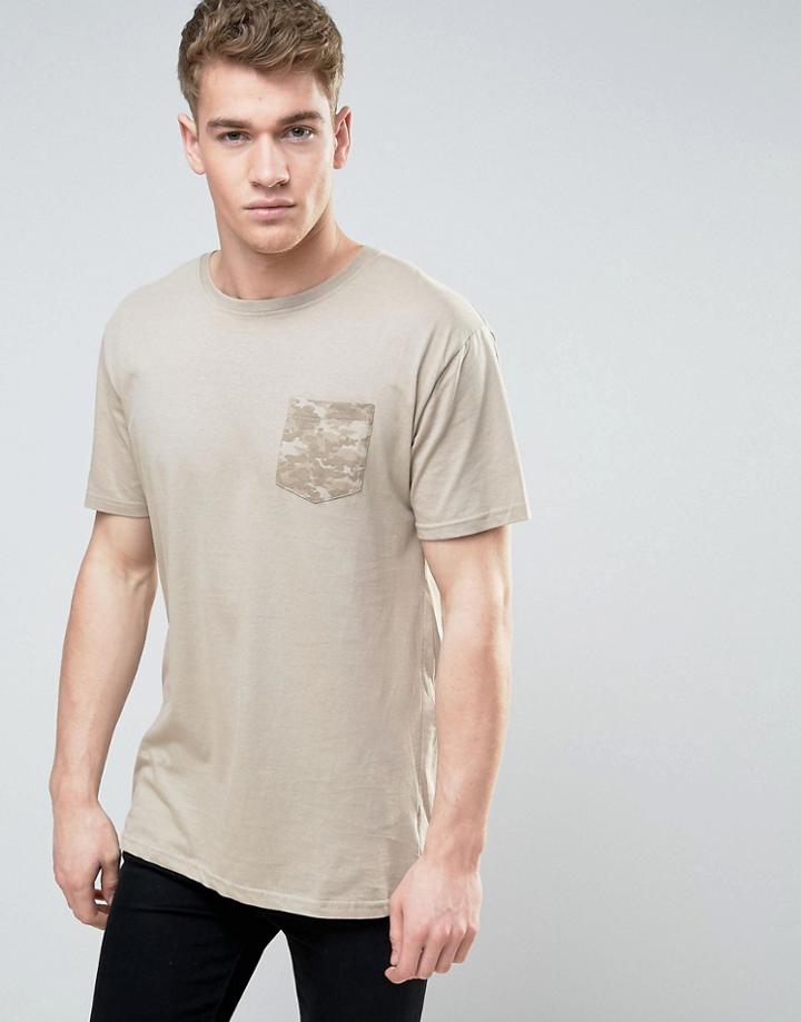 Brave Soul Curved Longline Camo Pocket T-shirt - Tan