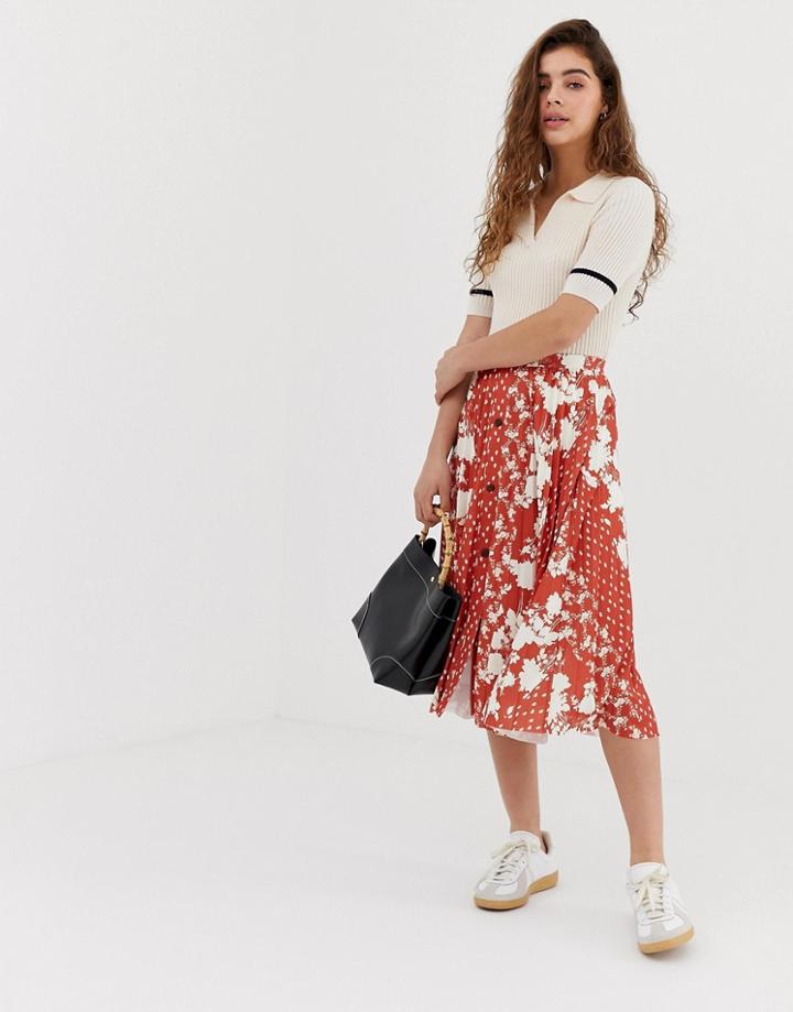 Asos Design Button Front Pleated Midi Skirt In Mixed Floral Print - Multi