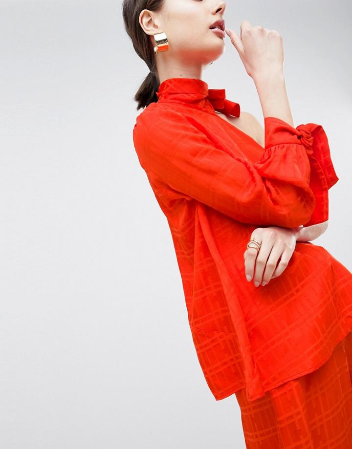 Asos White Twist Neck Detail Top In Self Stripe - Red