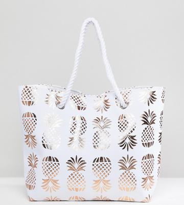 South Beach Rose Gold Pineapple Print Beach Bag - Gold