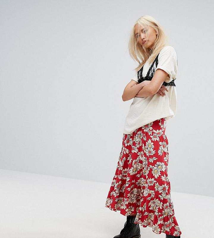Milk It Vintage Tiered Maxi Skirt In Floral Print - Red