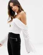 Asos Design Bardot Top With Ruched Flared Sleeve - White