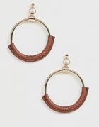 Asos Design Earrings In Open Circle Drop With Tan Faux Leather In Gold Tone - Gold