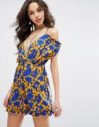 Missguided Tropical Print Ruffle Cold Shoulder Dress - Yellow