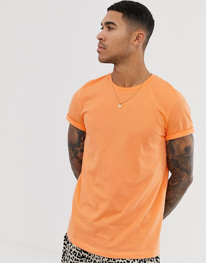 Asos Design Crew Neck T-shirt With Roll Sleeve In Orange - Orange