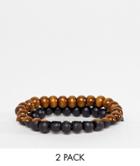 Asos Design Festival 2 Pack Beaded Bracelets In Black And Brown