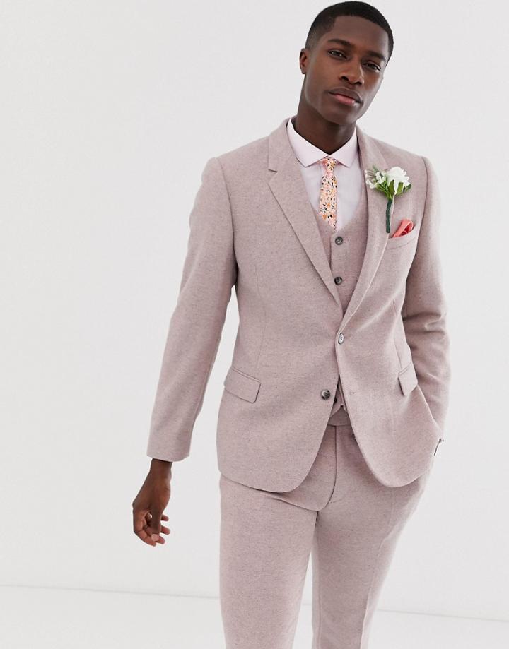 Asos Design Wedding Skinny Suit Jacket In Pink Herringbone - Gray
