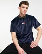 Tommy Jeans Relaxed Fit Velour T-shirt With Badge Logo In Navy