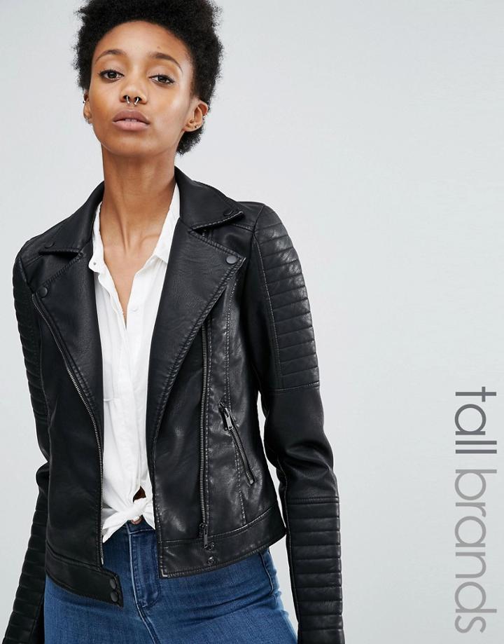 Noisy May Tall Leather Look Biker Jacket - Black