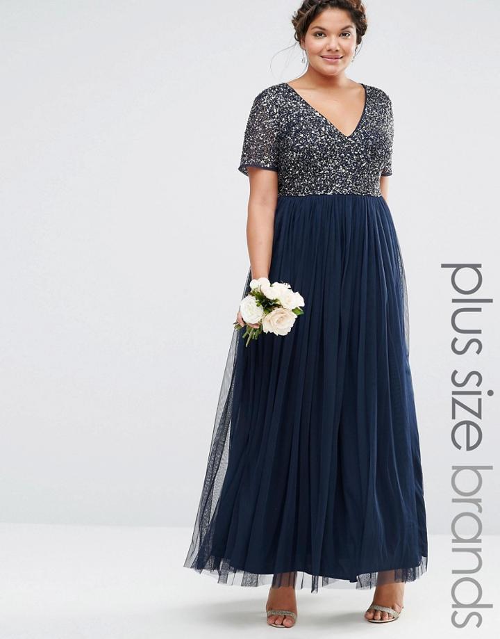 Lovedrobe V Neck Maxi Tulle Dress With Tonal Delicate Sequins - Navy