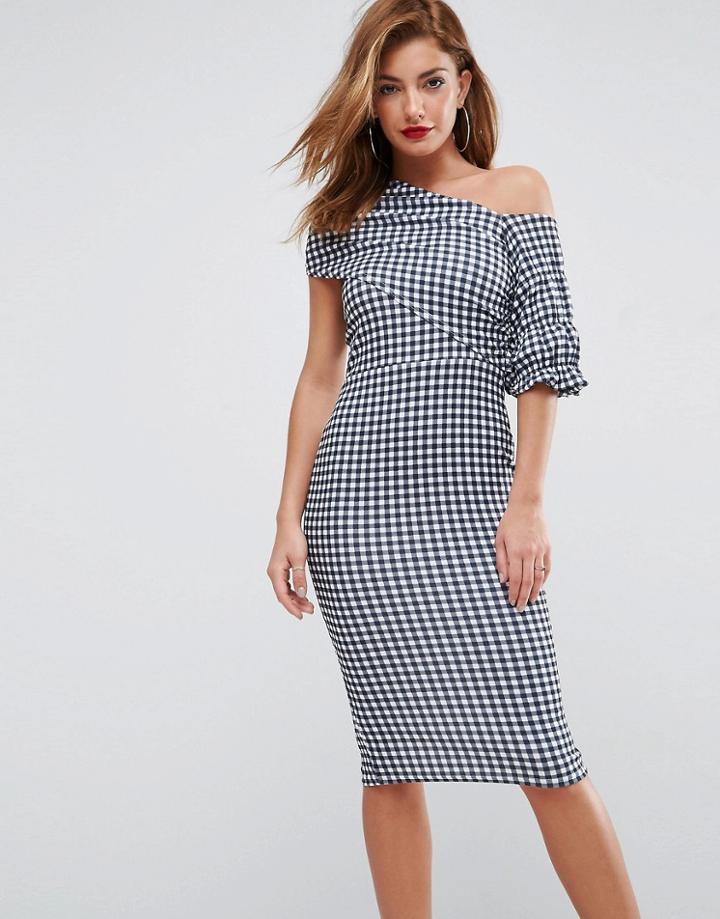 Asos Textured Gingham Ruffle Sleeve Midi Dress - Multi