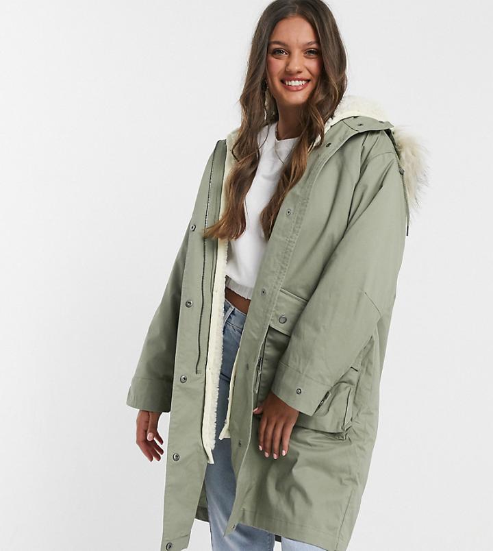 Asos Design Petite Faux Fur Lined Parka In Sage-green