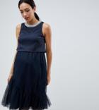Asos Design Maternity Nursing Tulle Midi Dress With Double Layer-navy