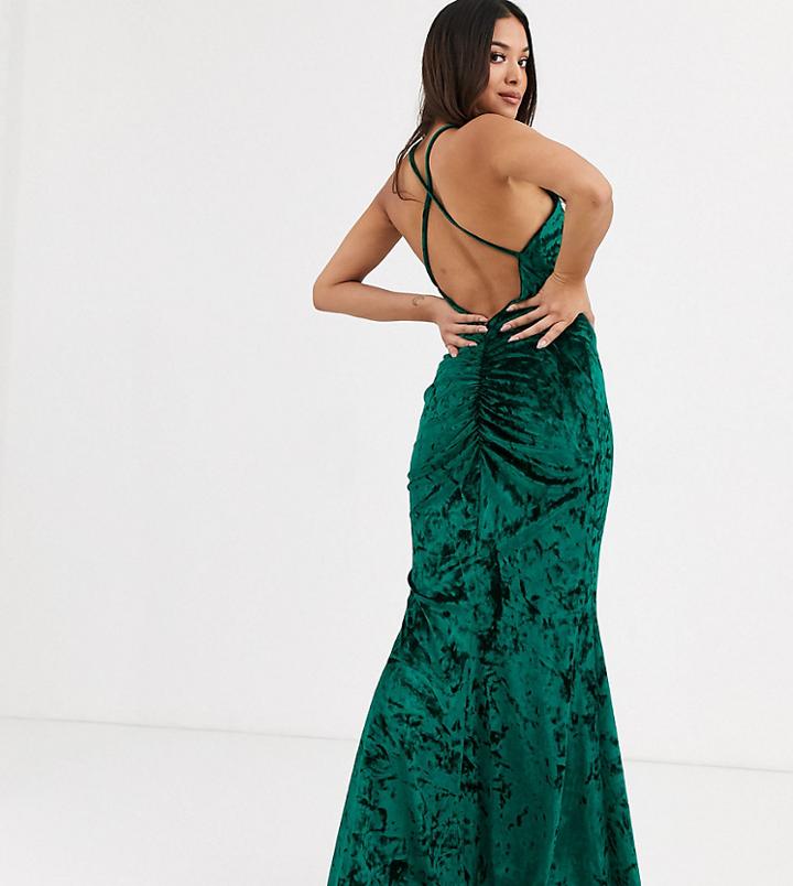Flounce London Petite Velvet High Neck Maxi Dress With Cross Back In Emerald-green
