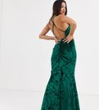 Flounce London Petite Velvet High Neck Maxi Dress With Cross Back In Emerald-green