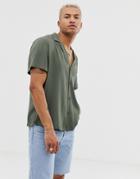 Asos Design Relaxed Deep Revere Viscose Shirt In Khaki - Green