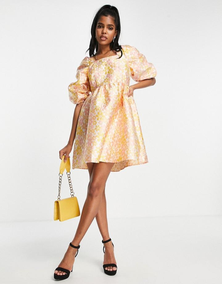 Pieces Premium Embroidered Puff Sleeve Mini Dress With Open Tie Back In Orange Floral