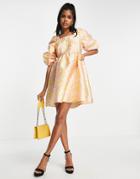 Pieces Premium Embroidered Puff Sleeve Mini Dress With Open Tie Back In Orange Floral