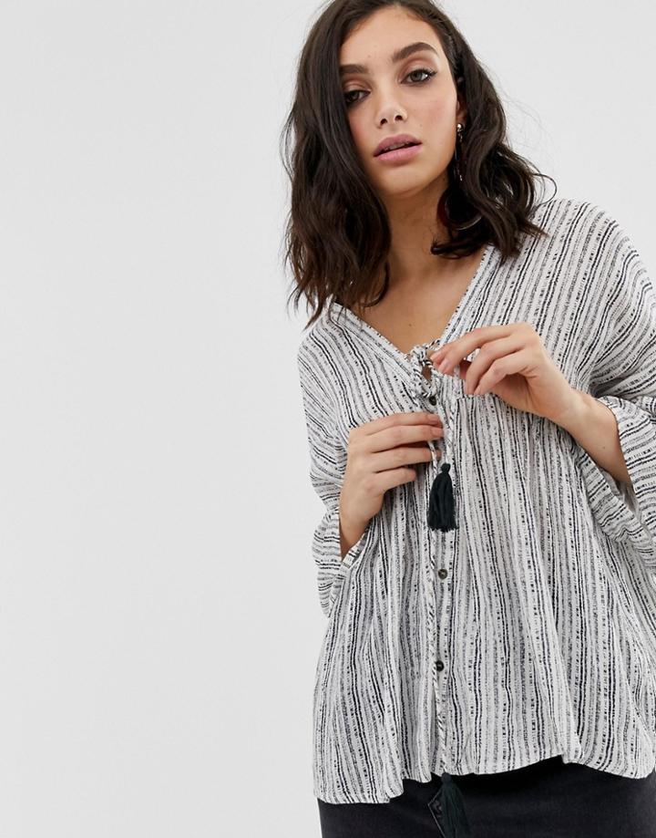 En Creme Button Up Long Sleeve Blouse With Frill Sleeves - Blue
