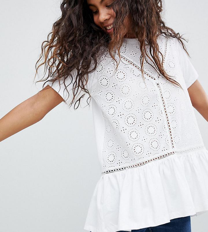 Asos Design Tall Smock T-shirt With Broderie And Frill Hem - White