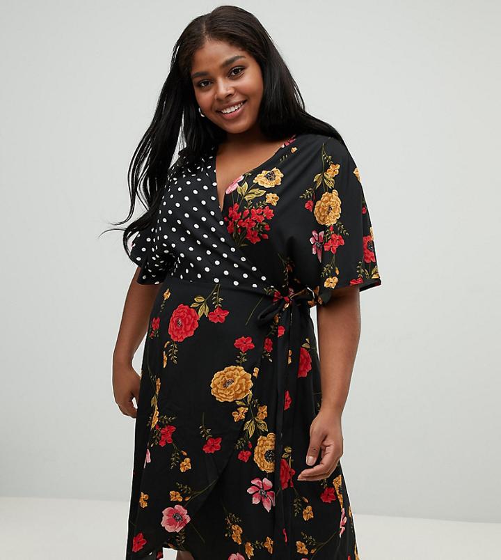 Influence Plus Kimono Sleeve Wrap Dress In Mix And Match Print - Black