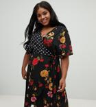 Influence Plus Kimono Sleeve Wrap Dress In Mix And Match Print - Black