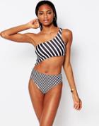 Missguided Mono Stripe Cut Out One Shoulder Swimsuit - Mono