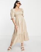 Stradivarius Shirred Poplin Midi Dress With Puff Sleeves In Stone-neutral