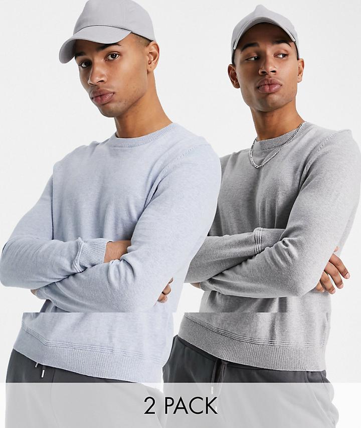 Topman Long Sleeve Knitted Crewneck Multipack Sweater In Light Blue And Gray