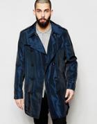 Asos Trench Coat In Two Tone Fabric In Navy - Navy