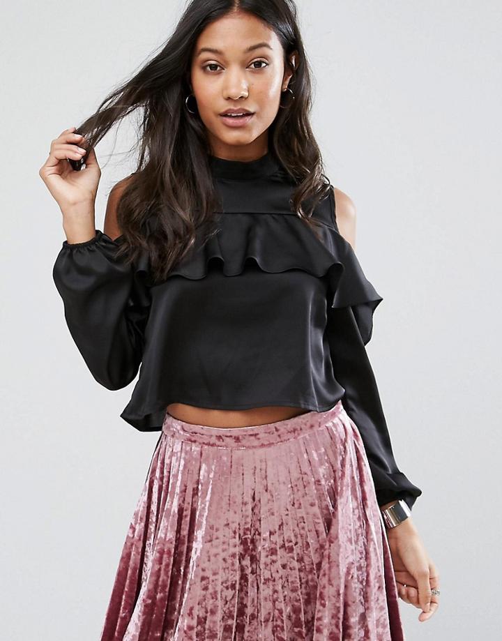 Love & Other Things Cold Shoulder Long Sleeve Top With Frill Detail - Black