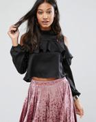 Love & Other Things Cold Shoulder Long Sleeve Top With Frill Detail - Black