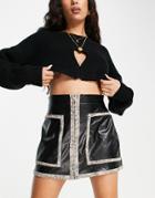 Asos Design Leather Look Zip Through Mini Skirt In Black And Snake Print