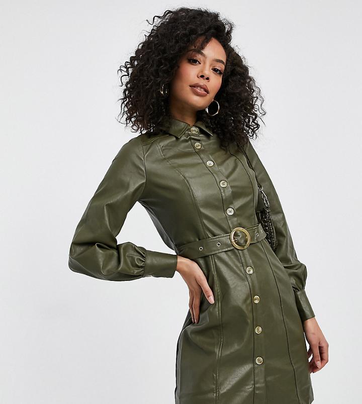 Violet Romance Tall Belted Pu Shirt Dress In Khaki-green