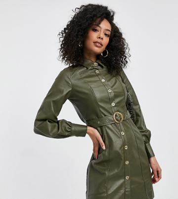 Violet Romance Tall Belted Pu Shirt Dress In Khaki-green