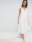 Asos White A-line Midi Dress With Contrast Stitch V-neck - White