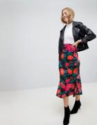 Asos Midaxi Skirt With Kickflare In Rose Floral Print - Multi