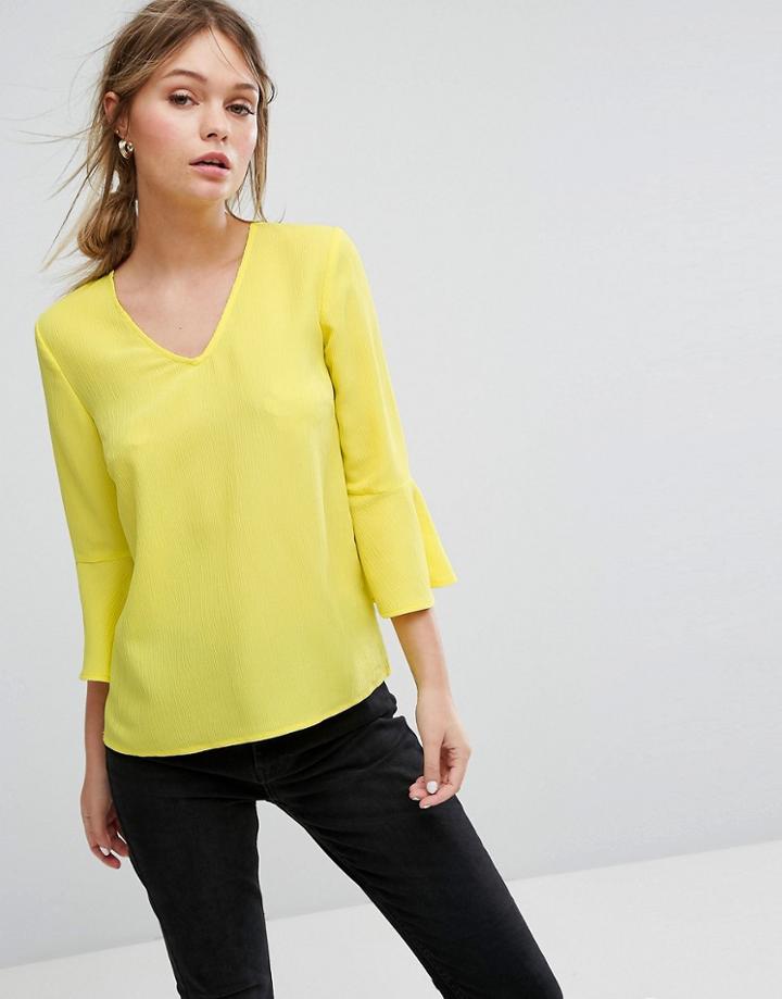 Warehouse Fluted Cuff Crinkle V Neck Top - Yellow