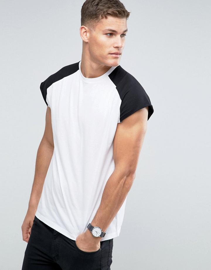 Asos Oversized Sleeveless T-shirt With Raw Edge And Contrast Raglan - White