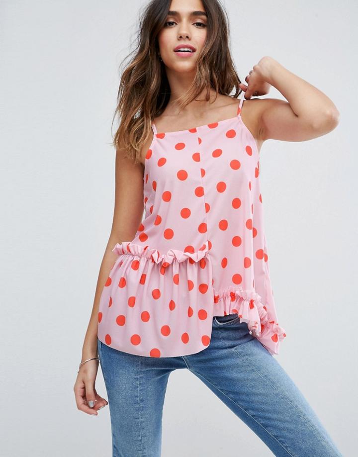 Asos Cami With Assymetric Ruffle In Pretty Polka Dot - Multi