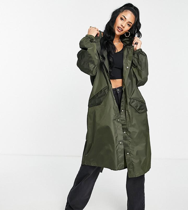 Asos Design Tall Rain Parka In Khaki-green