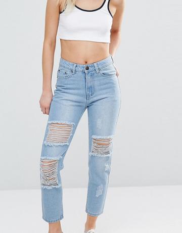Liquor & Poker Petite Slim Mom Jeans With Rips - Blue