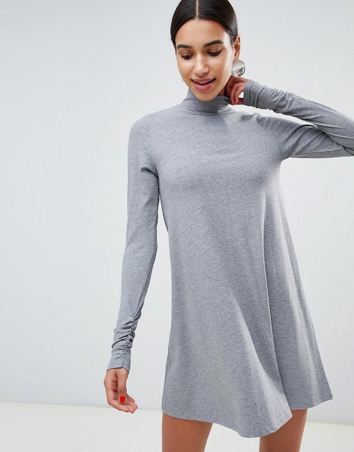 Asos Design Turtleneck Rib Swing Skater Mini Dress With Ruched Sleeves - Gray